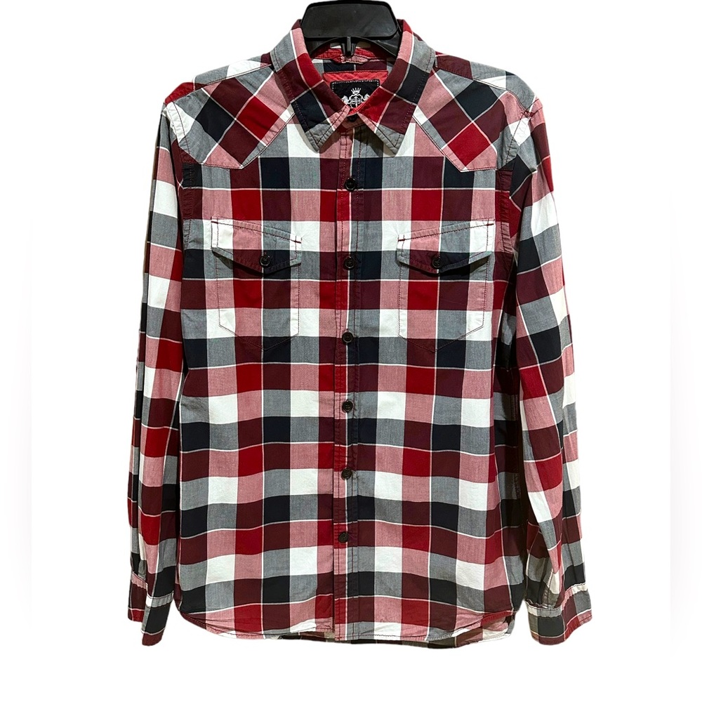 Express Men's Maroon/ White Plaid Button Up Fitted Shirt Size M Front Pockets - Picture 1 of 16